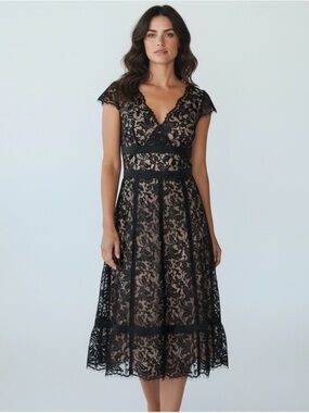 Ann Taylor LOFT Midi Dress Women's 10P Black Nude Lined Lace Cap Sleeve V-Neck